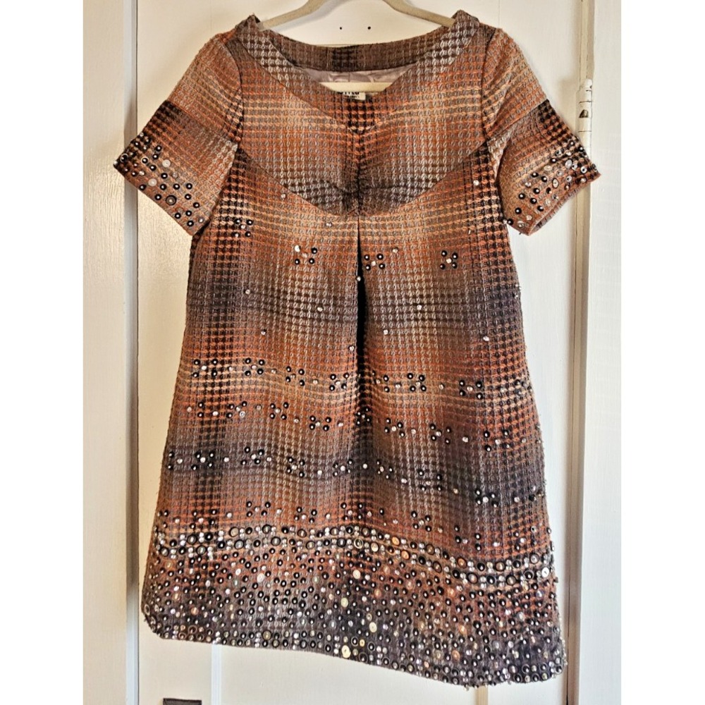 OFITA sequined rhinestones short sleeve A line plaid 100% wool tweed dress Sz 4